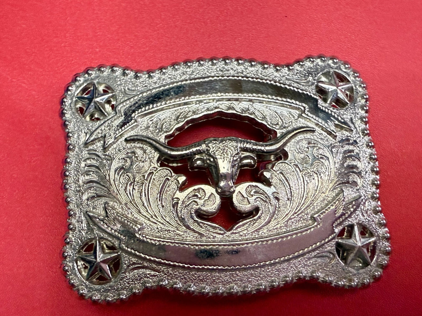 Texas Longhorn Cutout See Through Silver Tone Belt Buckle W/ Stars Award Ribbon