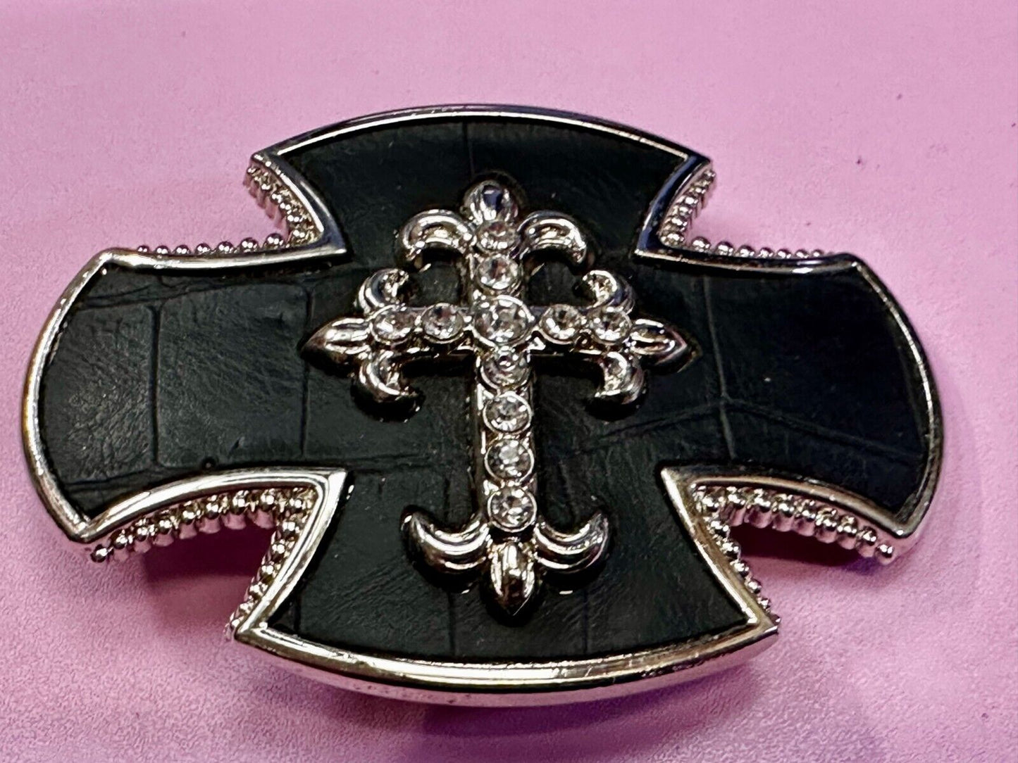 Black Leather Cross W/ Rhinestones Motorcycle Riders Goth Fashion Belt Buckle