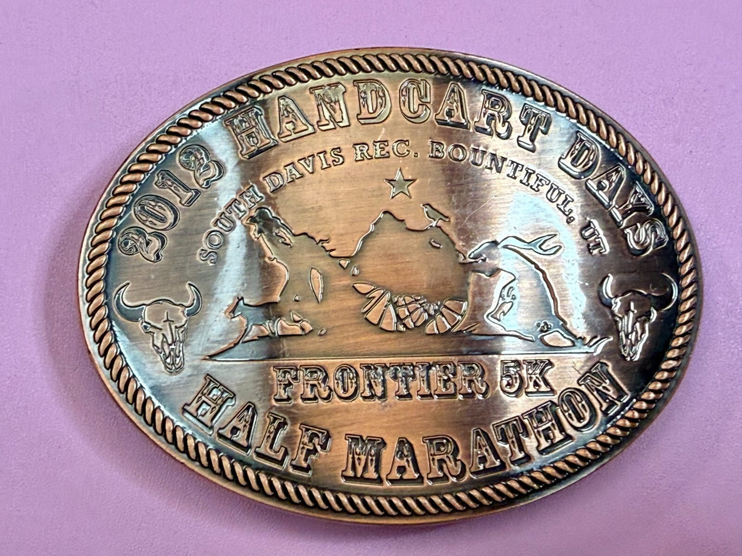 2012 Handcart Days Frontier 5K Half Marathon South Davis Utah Belt Buckle