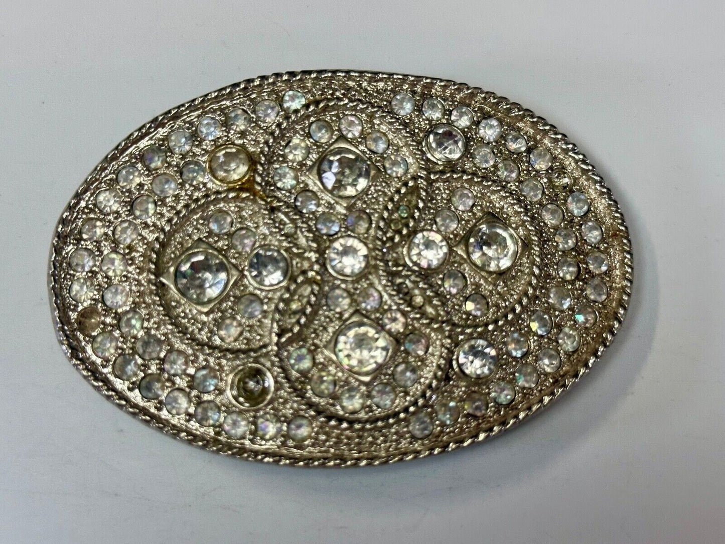 Vintage Appearance silver tone oval Belt Buckle - missing a few Rhinestone's