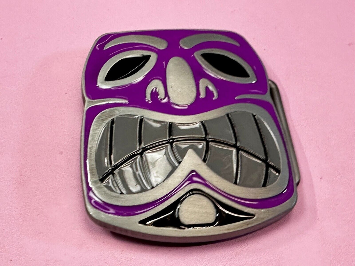 Tribal Tiki Mask Statue Animation Hawaiian Silver & Purple Color Belt Buckle