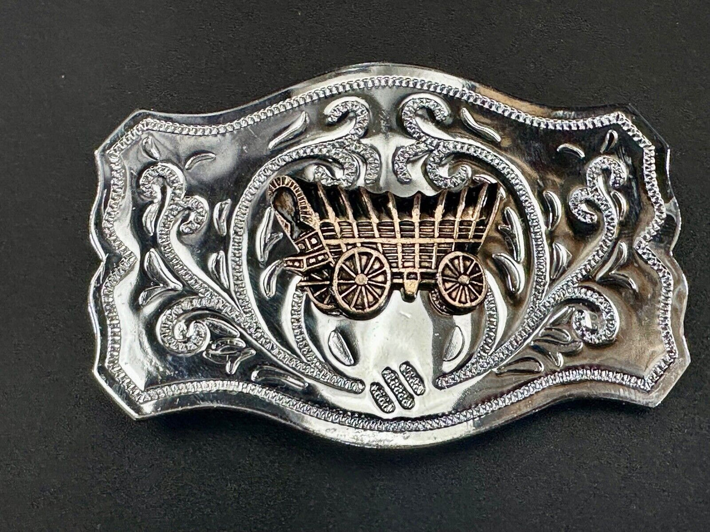 Vintage Covered Wagon - western two tone outlined ornate belt buckle