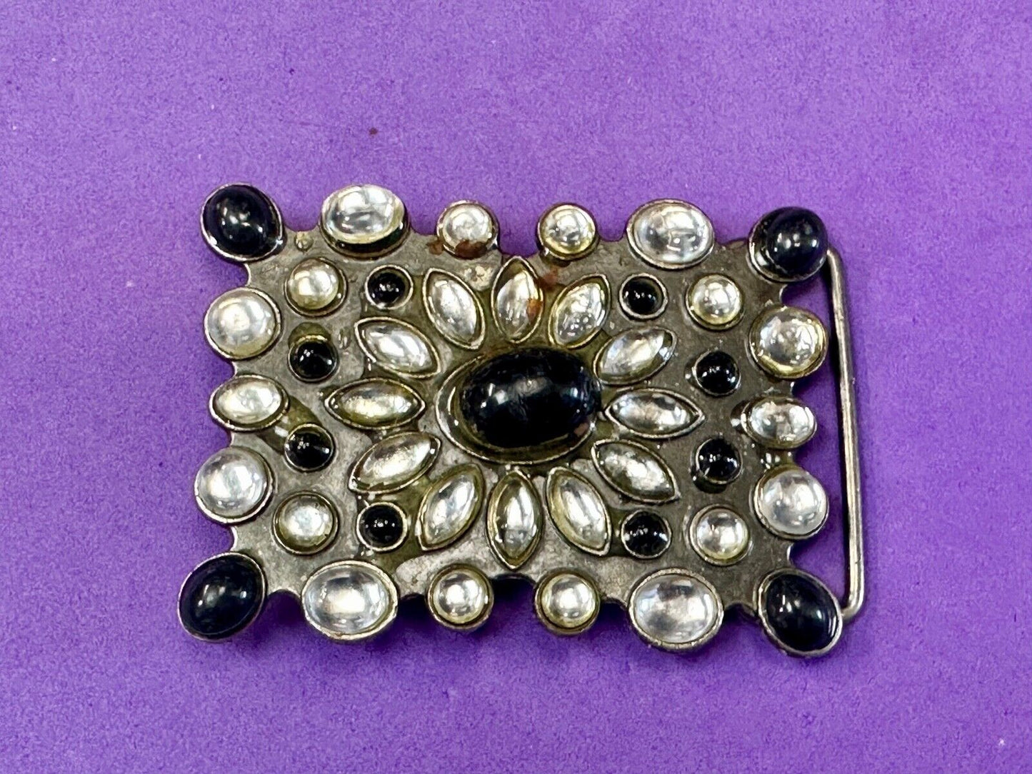 Vintage black and white rhinestone / silver tone belt buckle