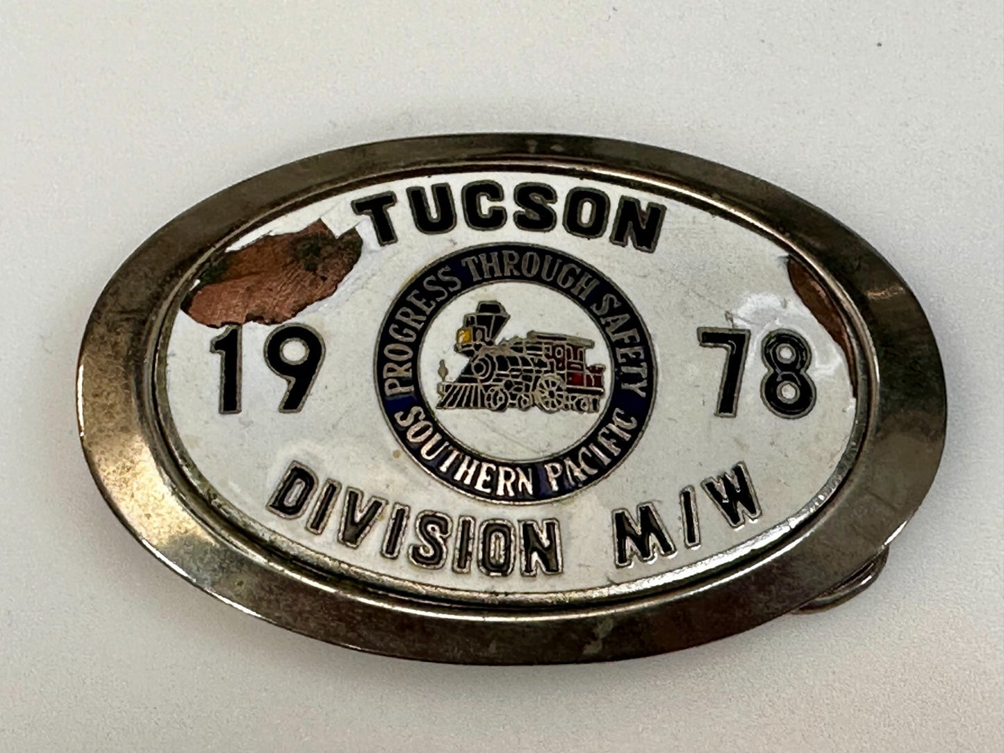 1978 Southern Pacific Tucson Division Railroad Safety Silver Tone Belt Buckle