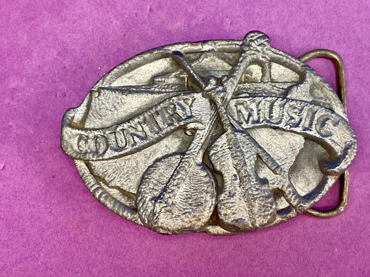 Vintage E-29 Siskiyou 1984 Country Music Belt Buckle Banjo & Fiddle Pewter