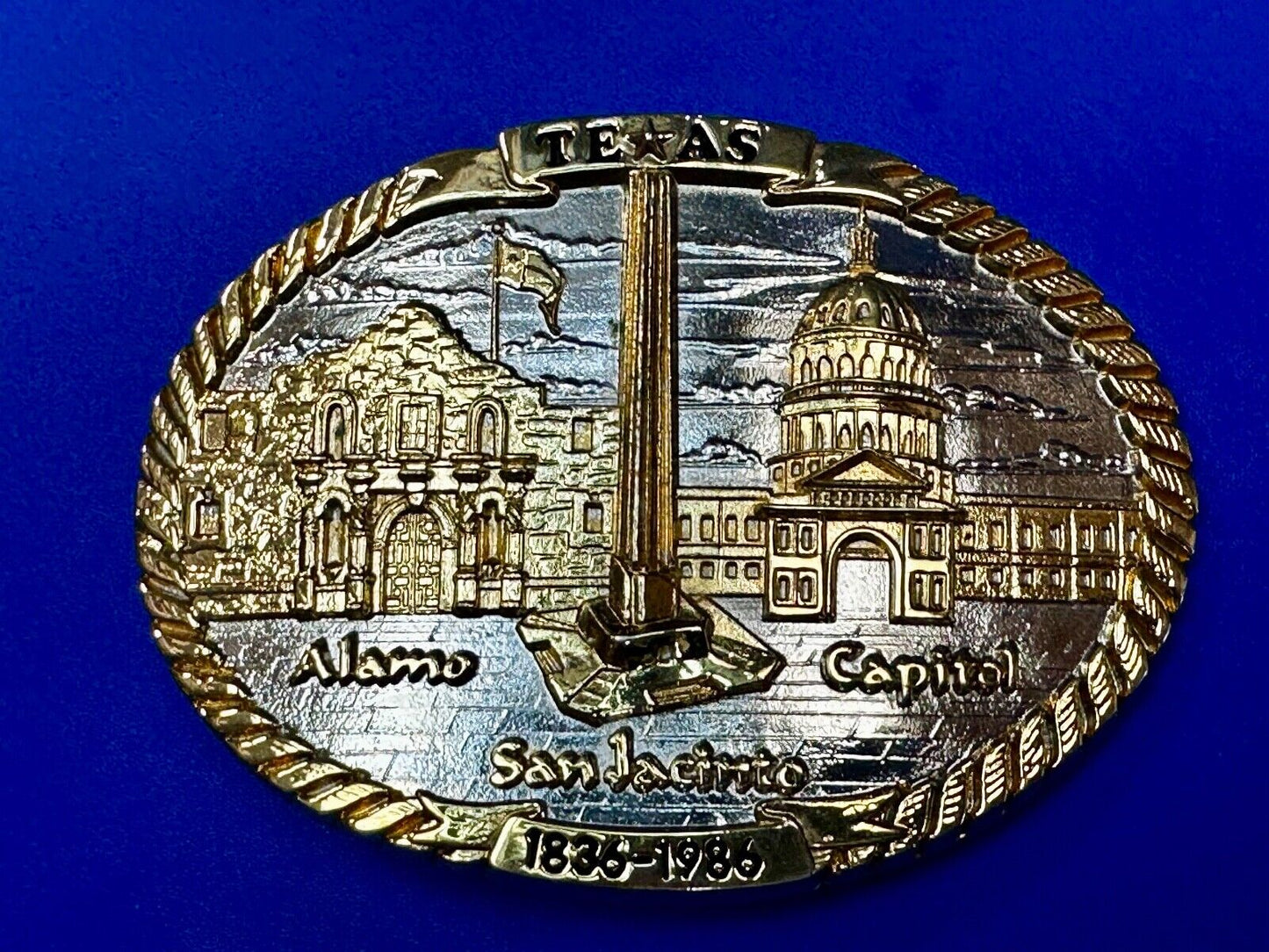TEXAS SESQUICENTENNIAL ALAMO SAN JACINTO CAPITAL 1836-1986 TW Baker Belt Buckle