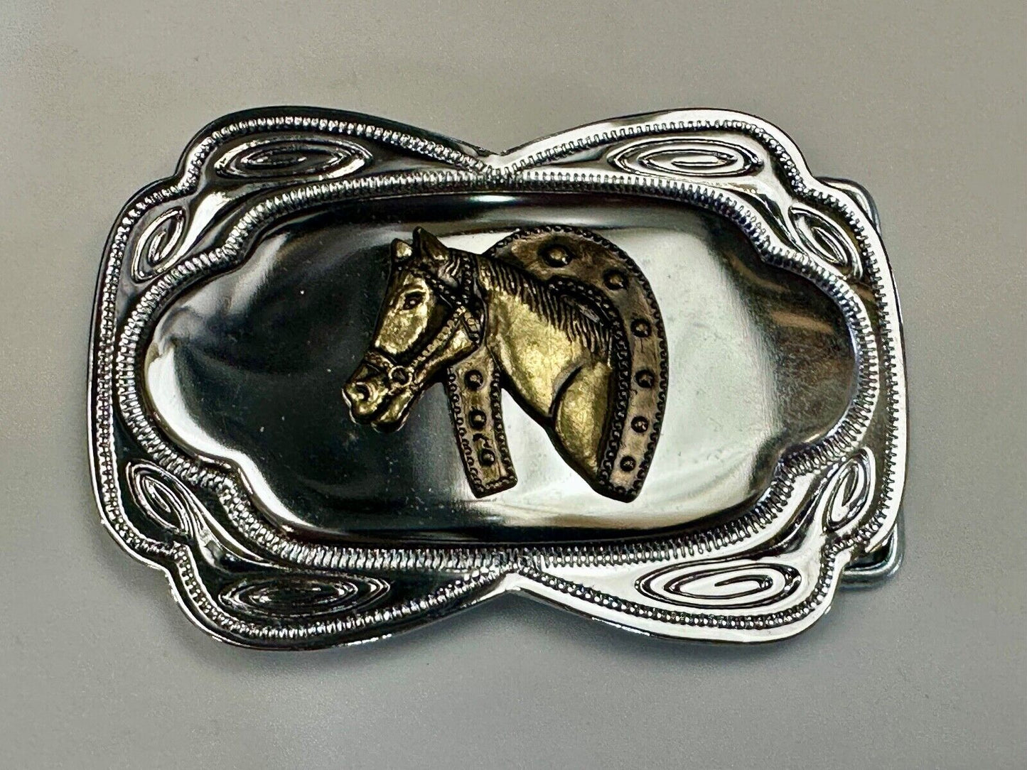 Beautiful NOS Horse head through lucky horseshoe - Two tone belt buckle