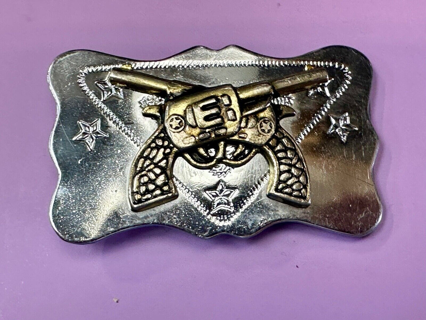 Vintage Cowboys Six Shooter gun's crossed western two tone belt buckle