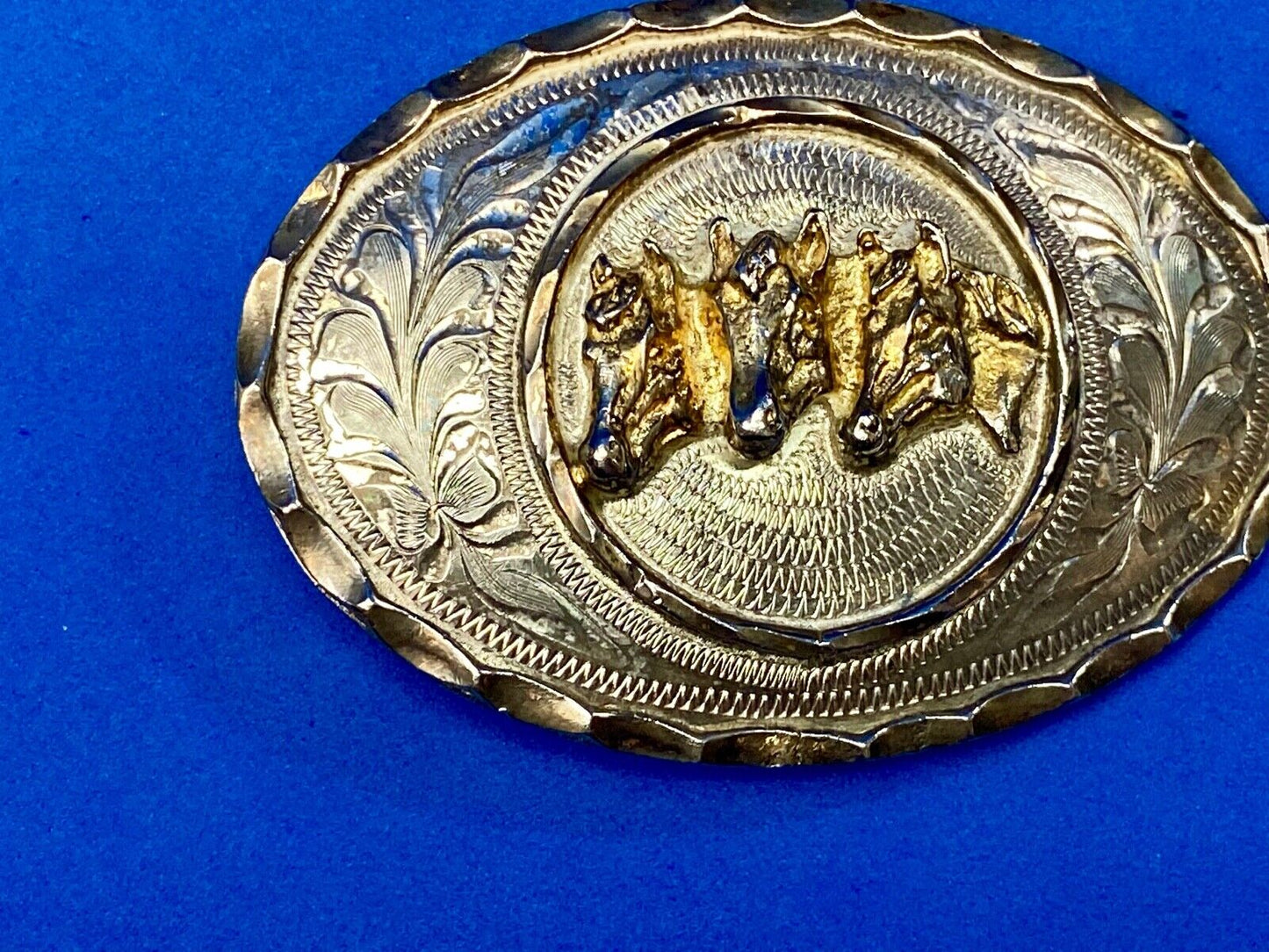 Three Horse Heads - Vintage Silver belt buckle. See makers mark!