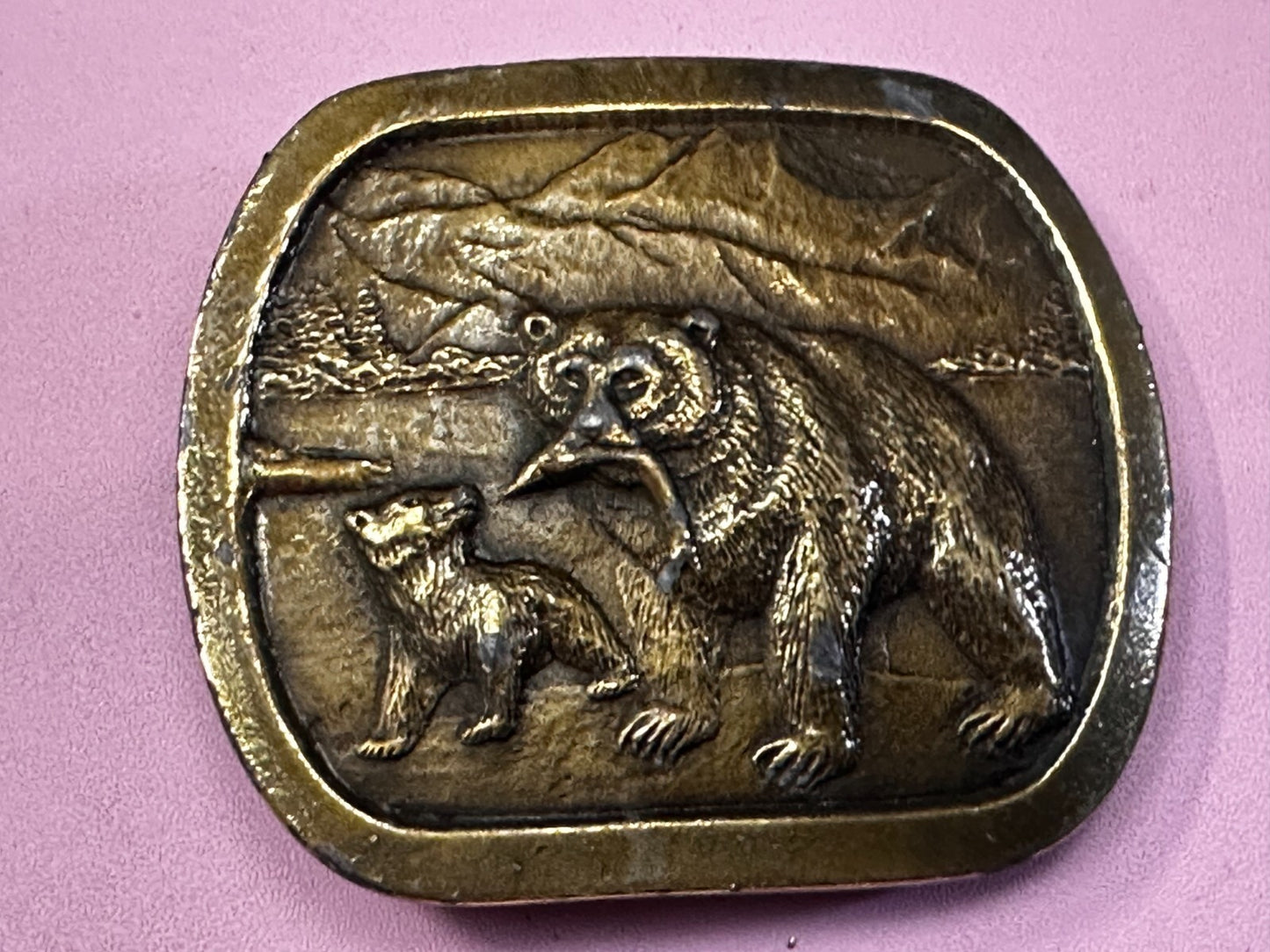 Bear with Cub Learn to Hunt Fish Mountain Scene 1976 Indiana Metal Belt Buckle