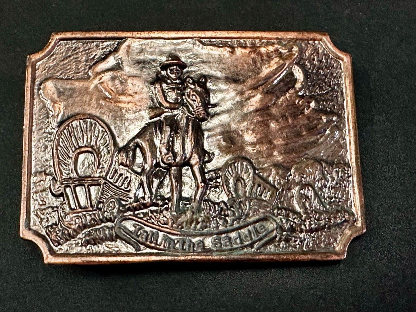 Tall in the Saddle Wagon Cowboy Horse Western Art Scene Vintage Belt Buckle