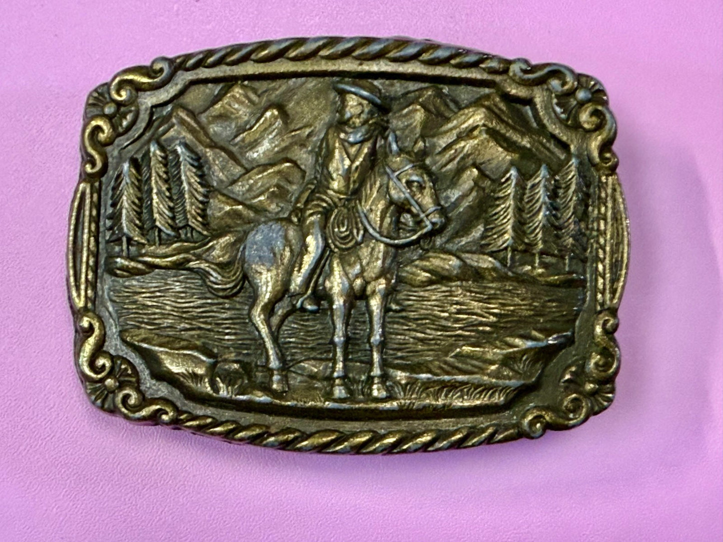 Tall in the Saddle Cowboy Horse River Mountain Scenery Western Belt Buckle