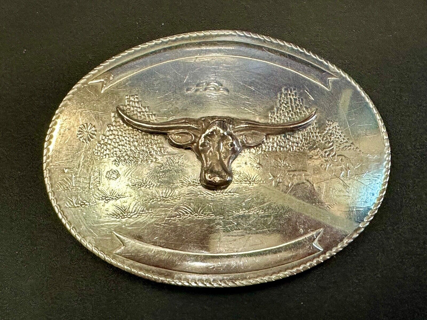 Texas longhorn - Vintage Artisan? two tone engraved award ribbon Belt Buckle