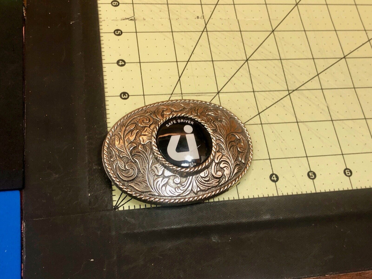 Vintage 1985 Safe Driver Award Silver Tone Western Centerpiece Belt Buckle