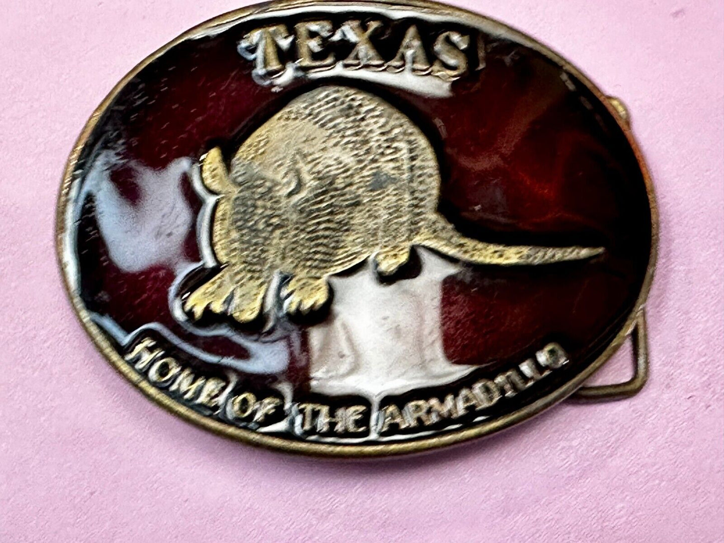 Texas Home of the Armadillo Commemorative Red colored Belt Buckle by Koleaco