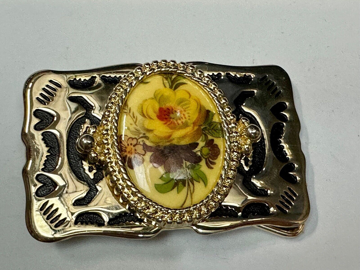Art Flower Picture Cabochon Cab Centerpiece on gold tone Western Belt Buckle