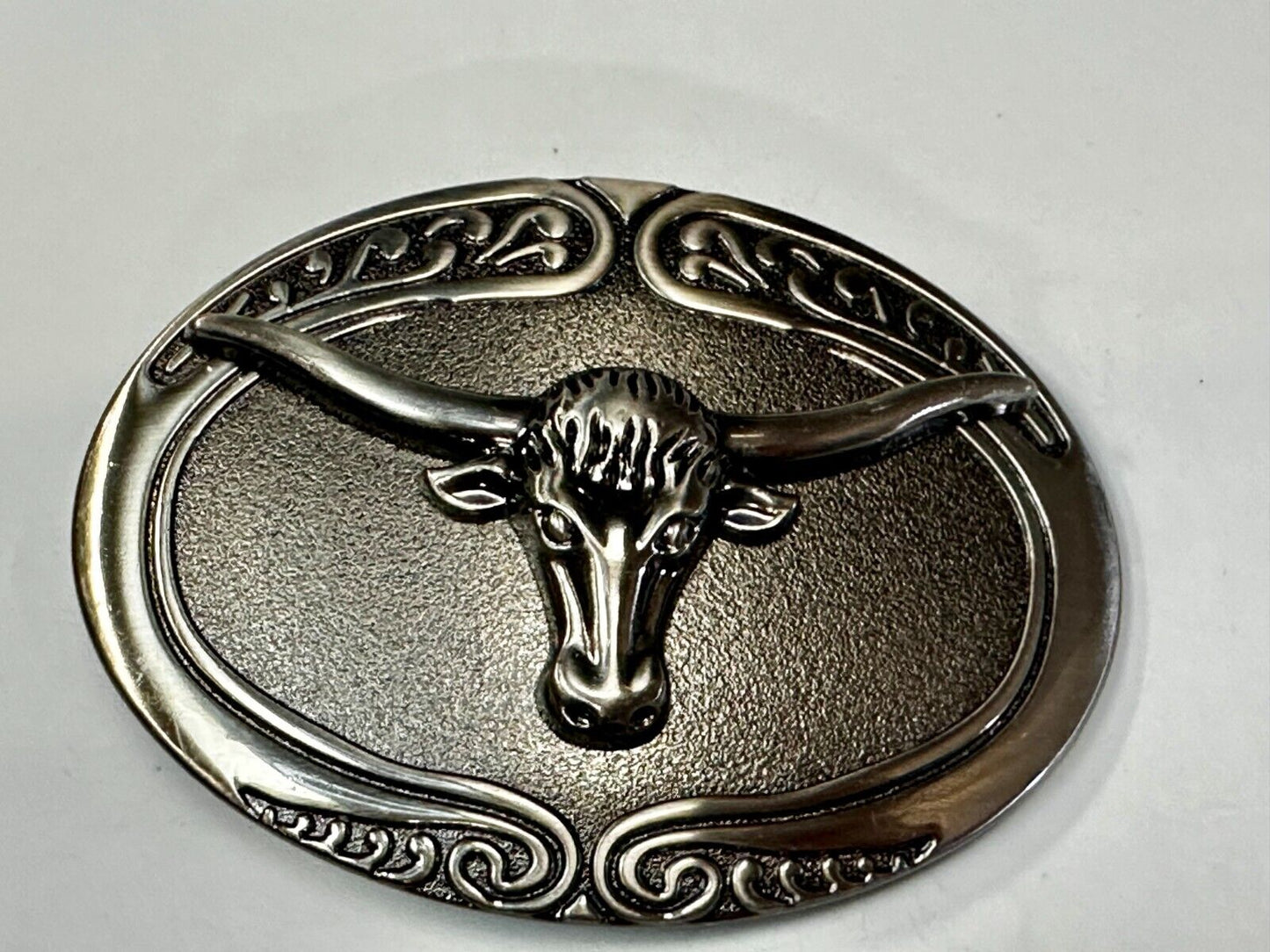 Texas Longhorn Steer Rodeo Bull Vintage Silver Tone Western Oval Belt Buckle