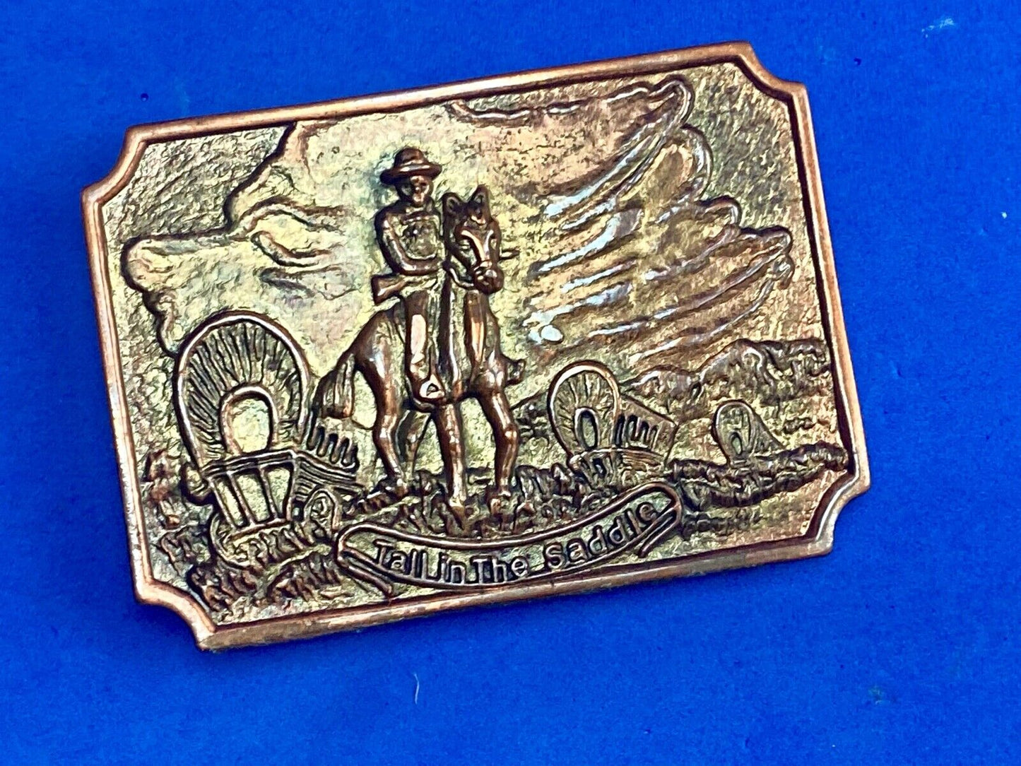 Tall In The Saddle Masked Cowboy And Covered Wagon Western Art Belt Buckle