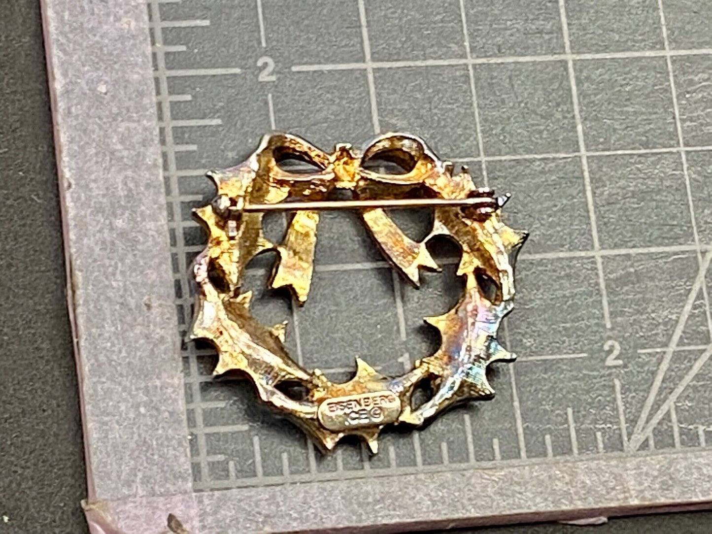 Vintage EISENBERG ICE Christmas Holly Wreath Brooch Pin Red Green Gold Enamel