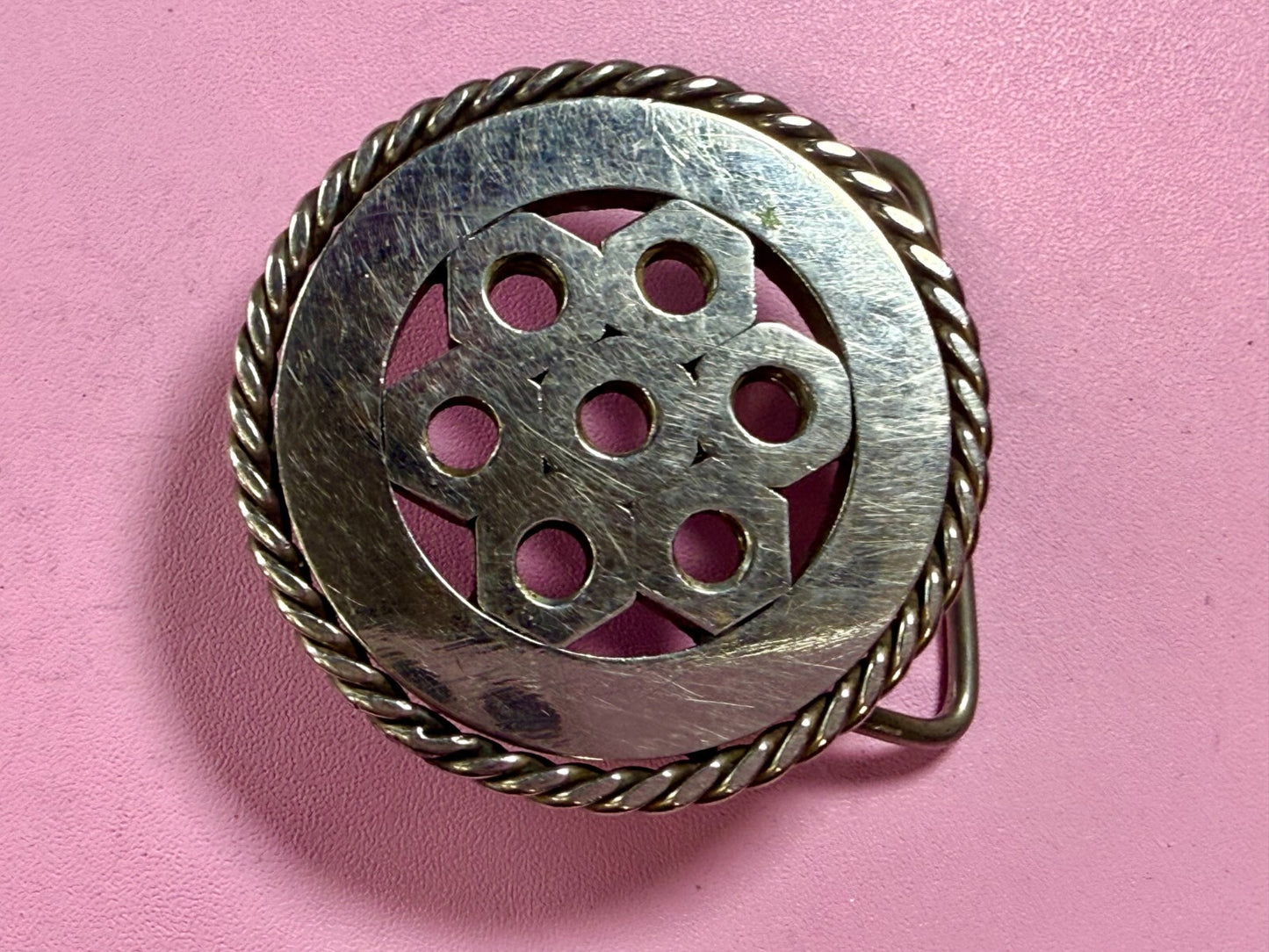 Artisan Welder's Art Handmade Abstract Open Work Round Silver Color Belt Buckle