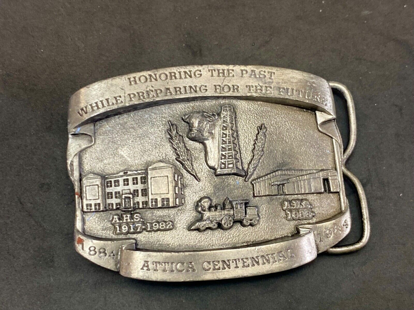 Vintage 1984 Attica Kansas KS Centennial OIL TRAIN SCHOOL HOUSE belt buckle