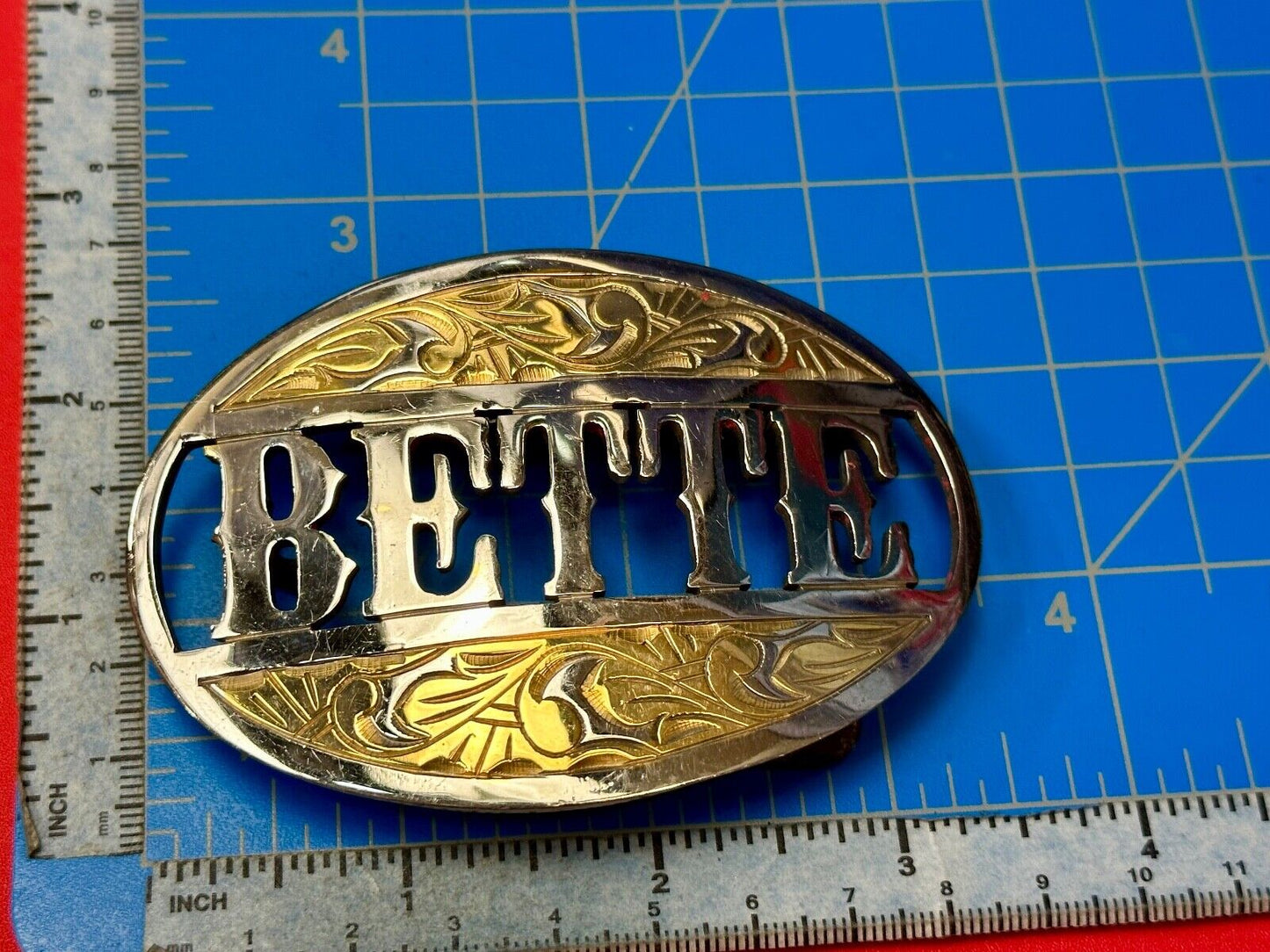BETTE - custom name on western two tone cutout see through vintage belt buckle