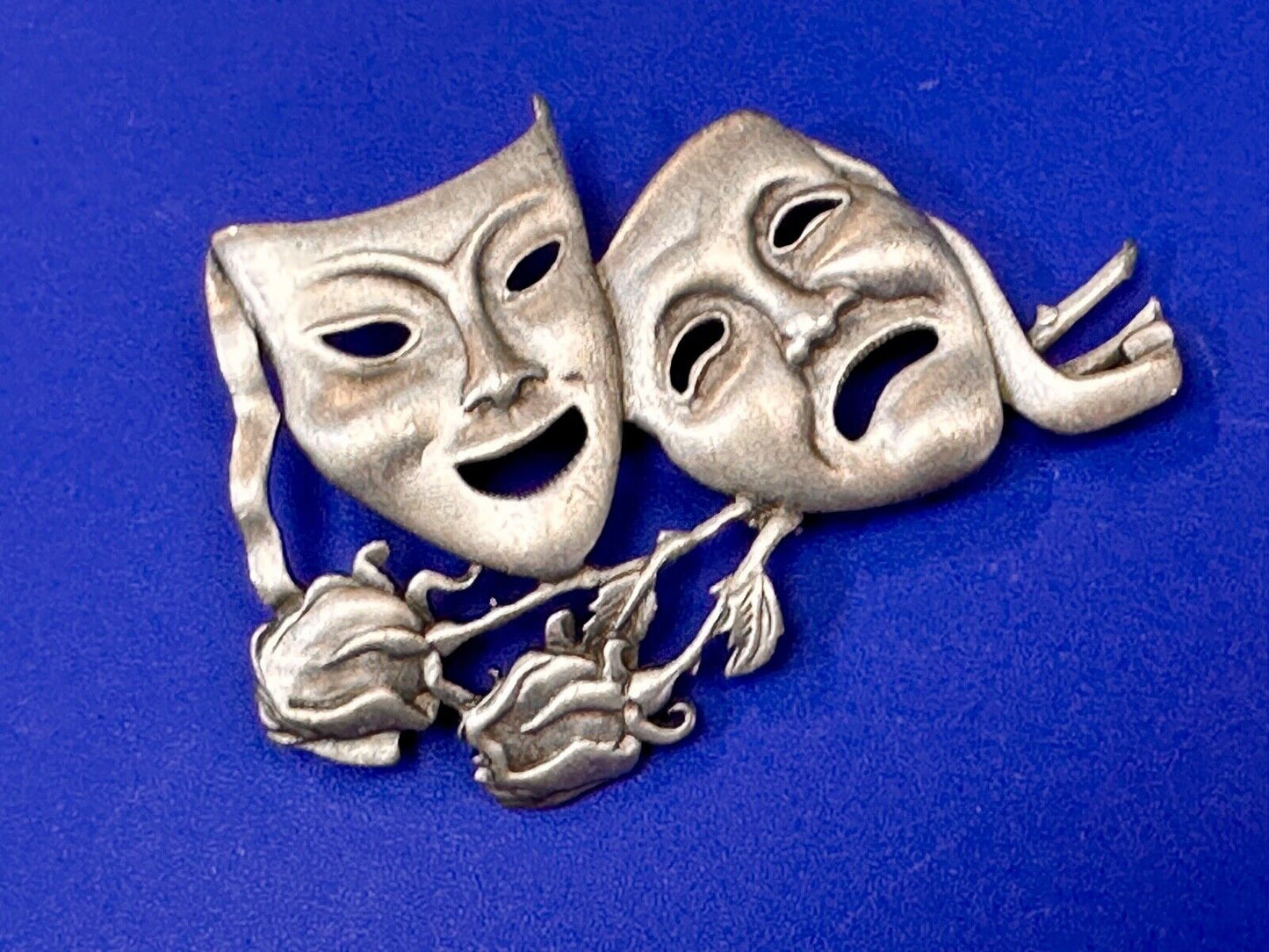 Theater Faces and Roses - Large JJ Signed silver tone vintage brooch pin