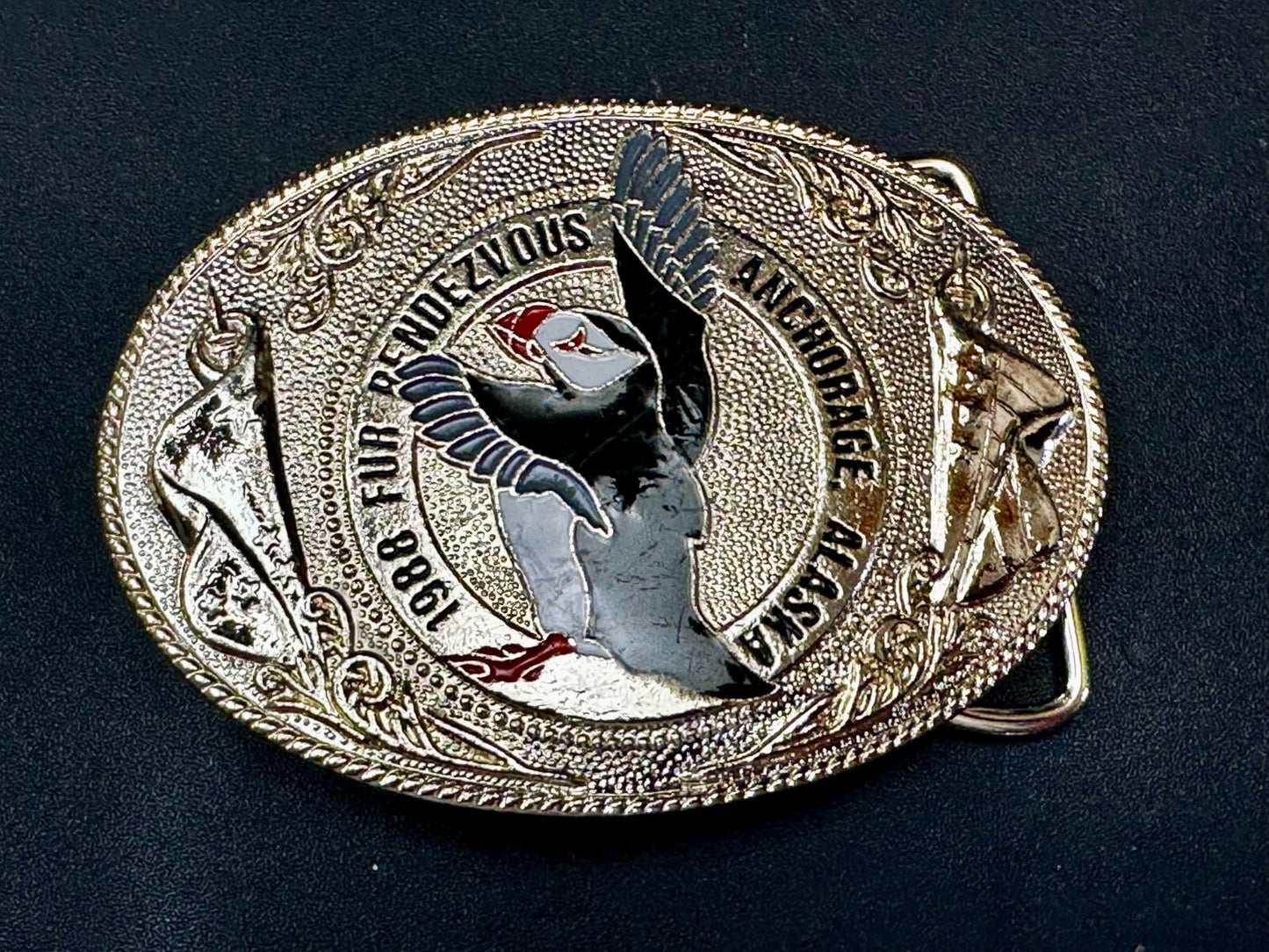 1988 Fur Rendezvous Anchorage Alaska Flag Bald Eagle Commemorative Belt Buckle