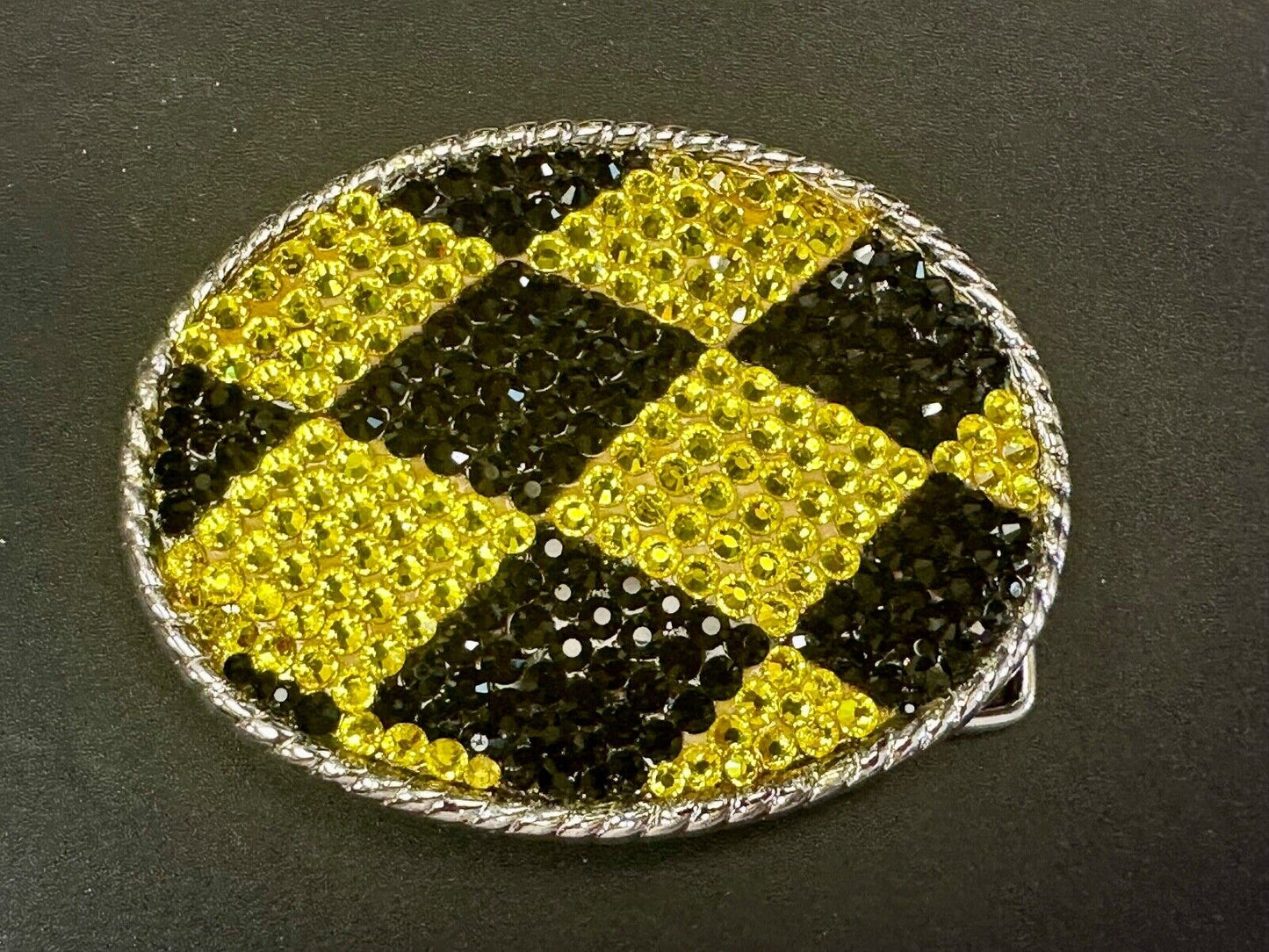 Black yellow rhinestone Jester Diamond Checkerboard pattern 3.5" belt buckle