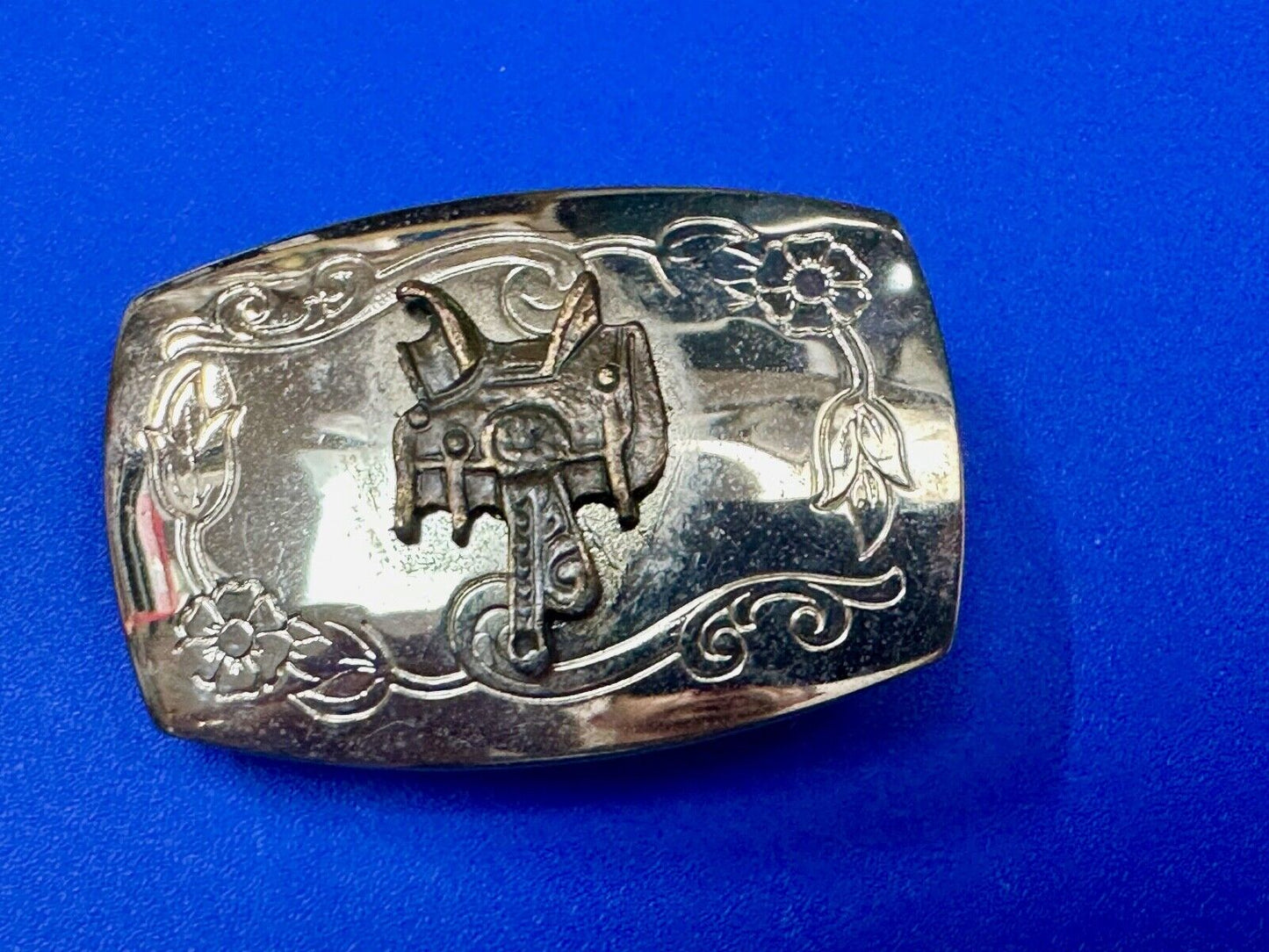 Vintage Cowboy Horse Saddle western two tone belt buckle