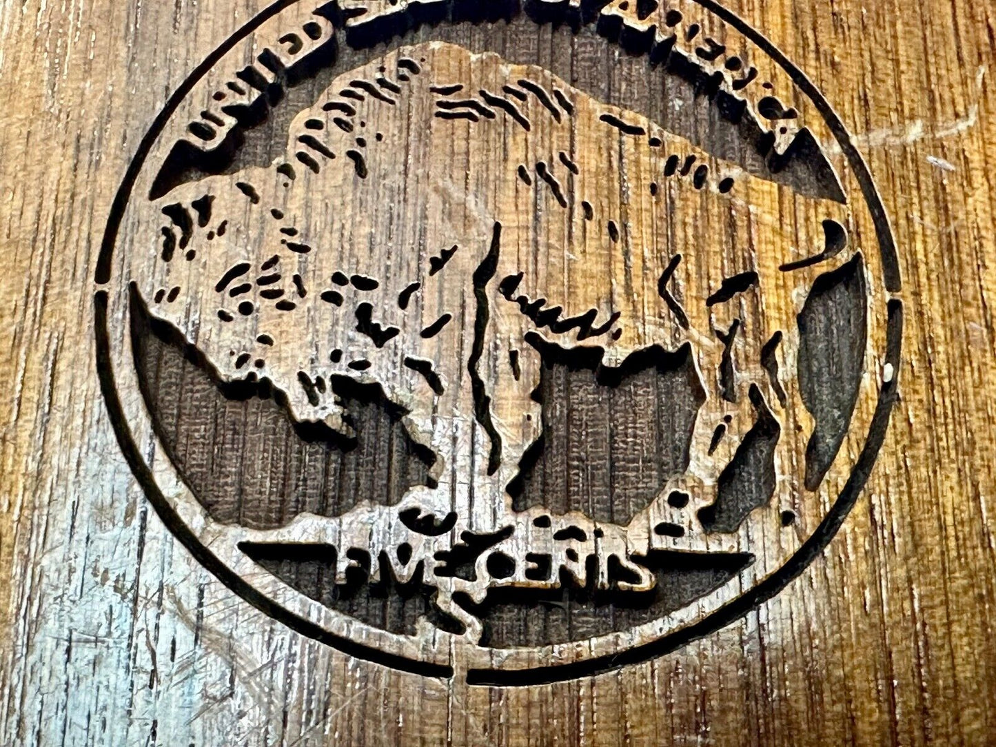Vintage Buffalo Nickel Five Cents Wood Laser Engraved Lazercraft Belt Buckle USA