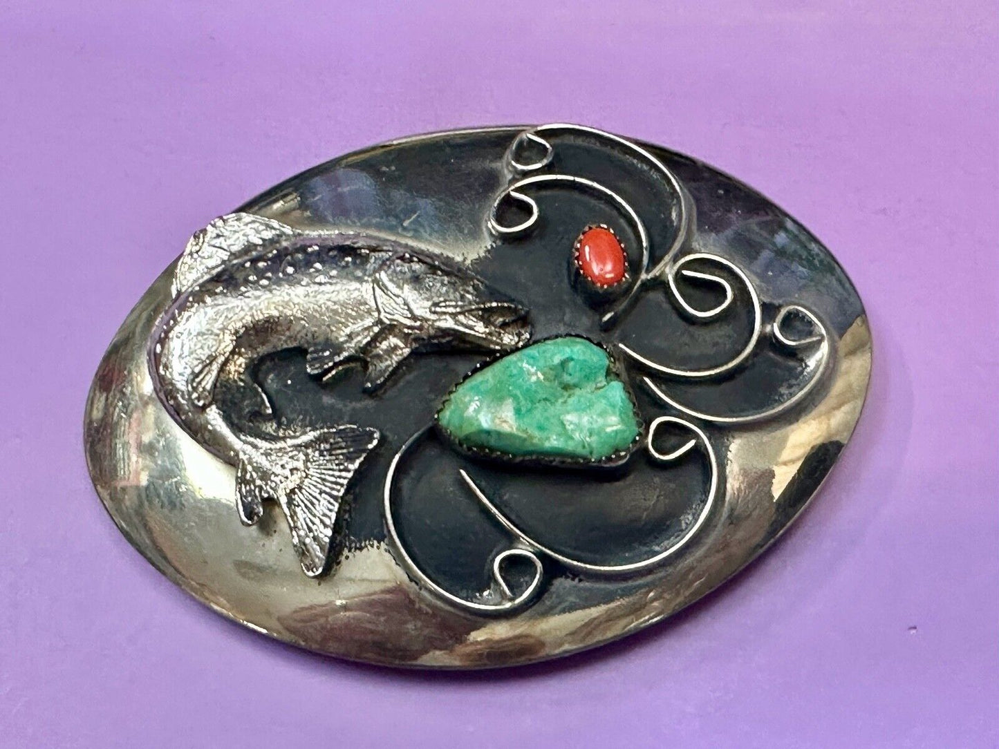Bass Fish - Turquoise & Coral accented Native American Indian Style Belt Buckle