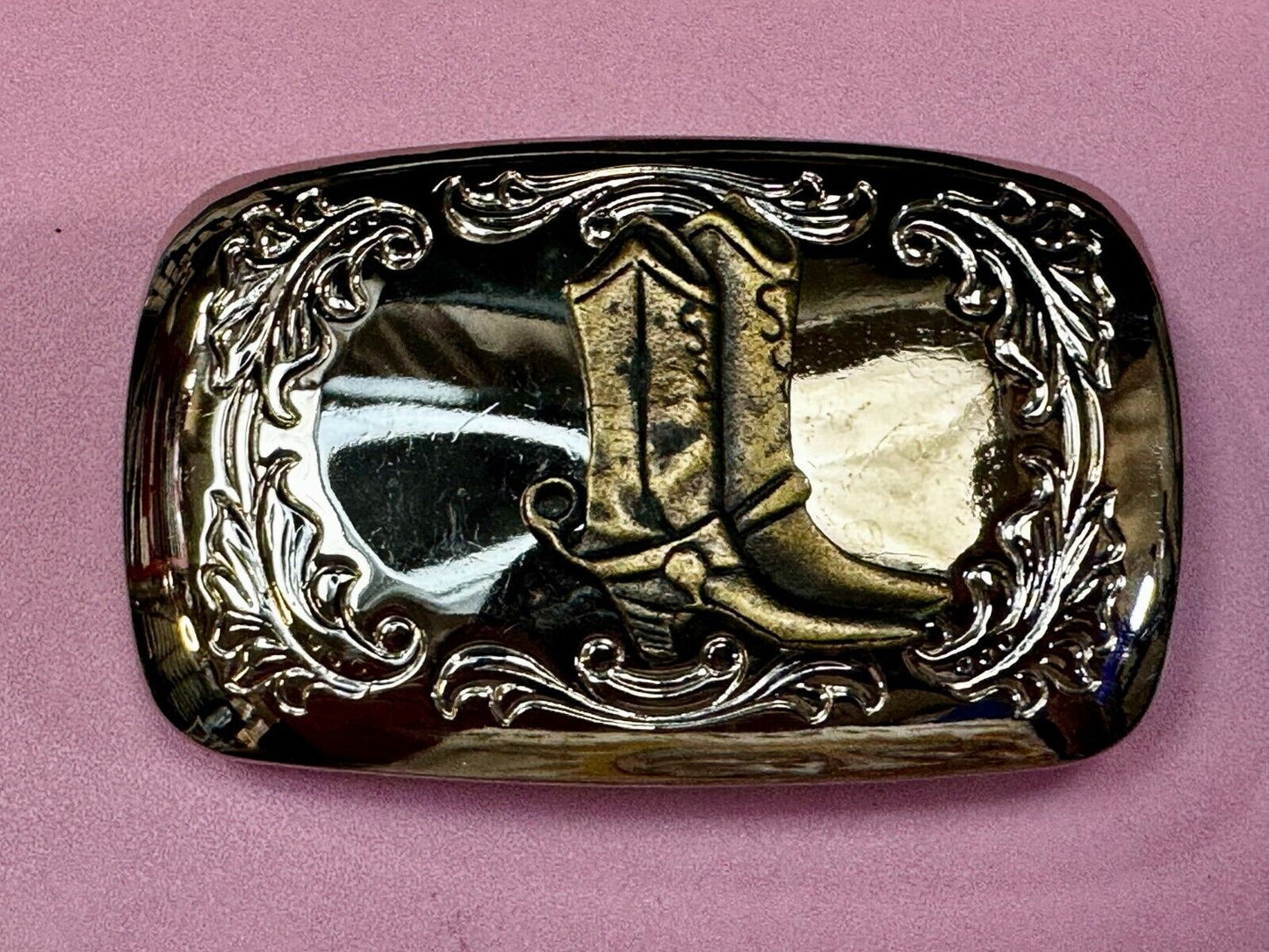 Western Cowboy Boots Vtg Two Tone Swirl Flower Border Belt Buckle - Made in USA