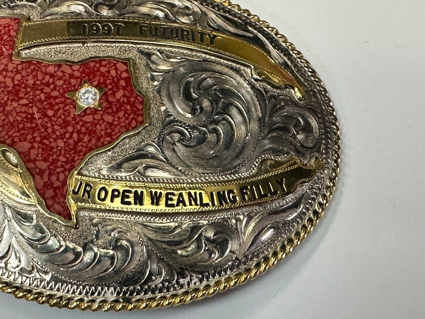 TEXAS Inlaid Coral Chip JR Open Weanling Filly 1997 Futurity Trophy belt buckle