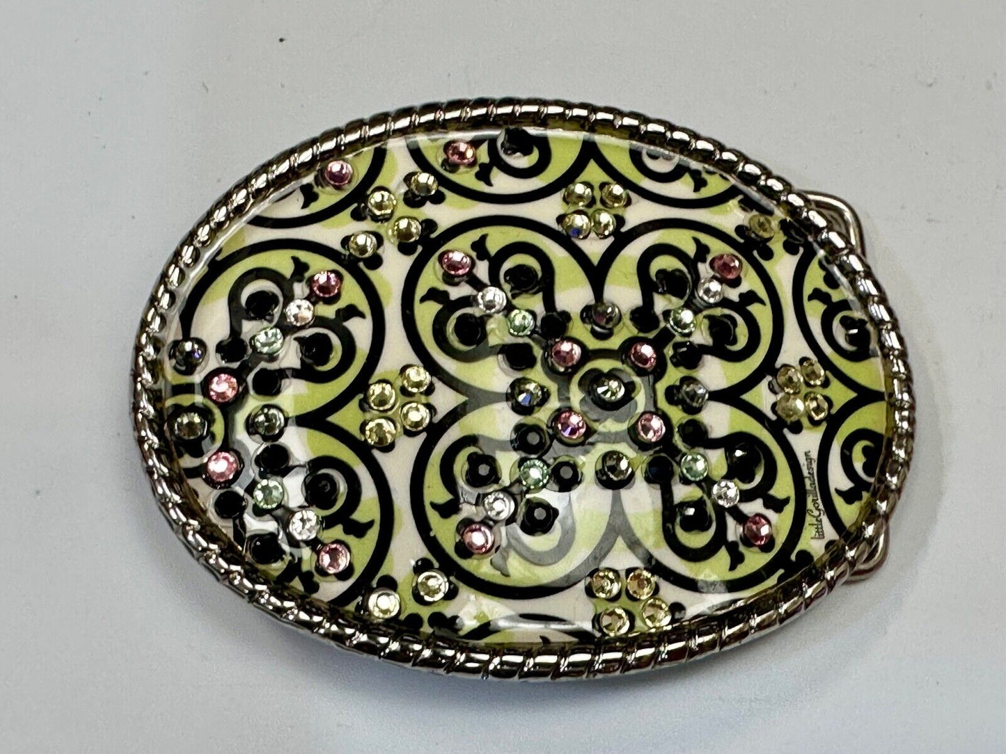 Artisan western oval girlie pink & green rhinestone accented belt buckle