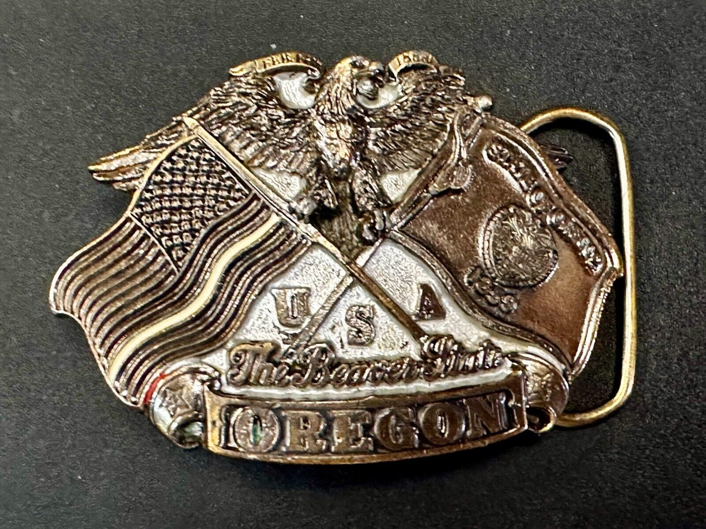 The Beaver State OREGON American Flag Eagle Seal 1987 Commemorative Belt Buckle