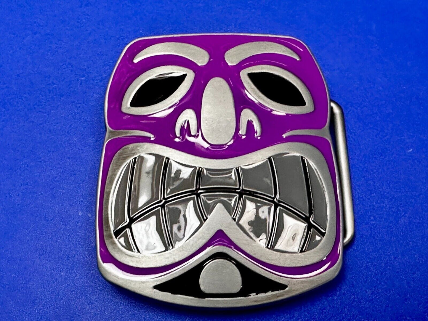 Tribal Tiki Mask Statue Animation Hawaiian Silver & Purple Color Belt Buckle