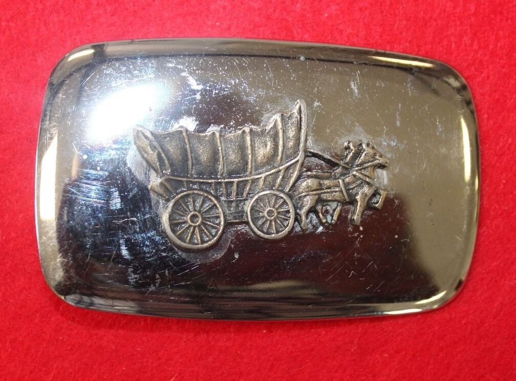 Vintage belt buckle, Made in USA, Conestoga covered wagon and horses
