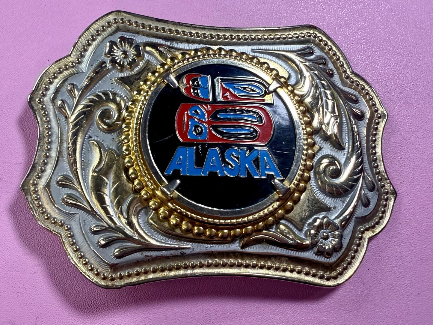 ALASKA Alaskan State Centerpiece on Gold Color Western Style Belt Buckle