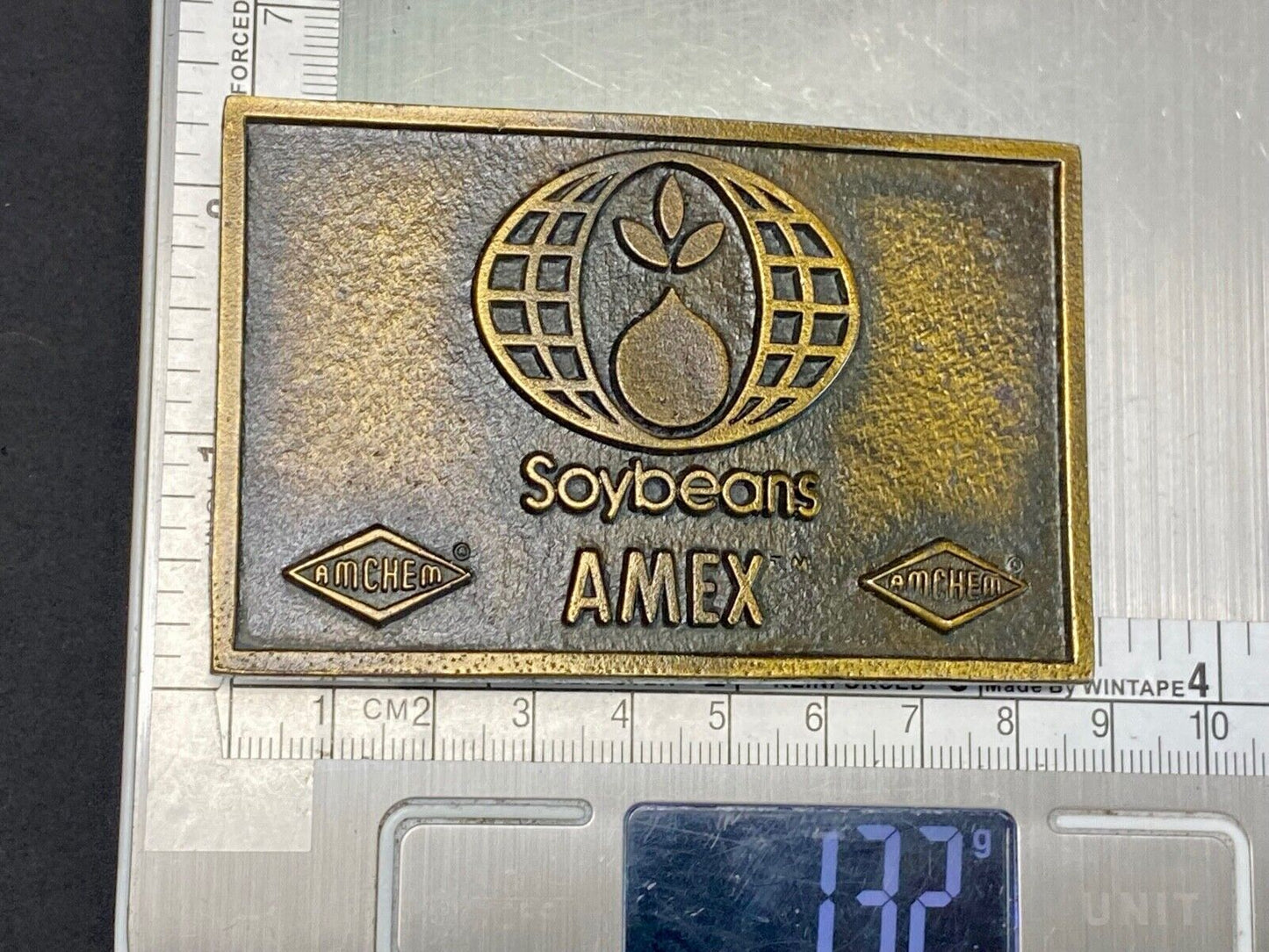 VINTAGE 1970s **SOYBEANS AMEX AMCHEM** AGRICULTURE FARMING BELT BUCKLE