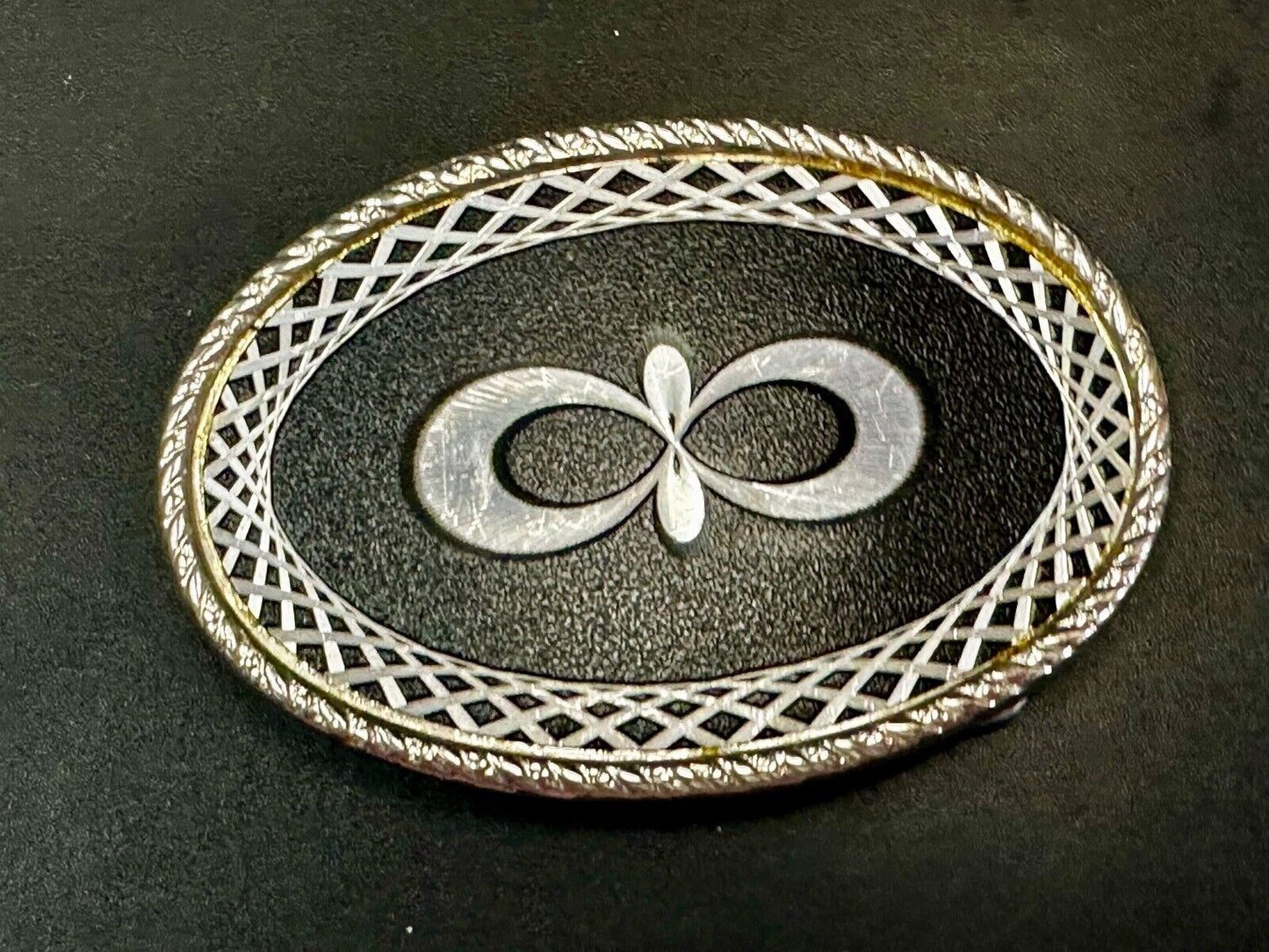 Vintage etched Figure 8 pattern on two tone Black & Silver Belt Buckle