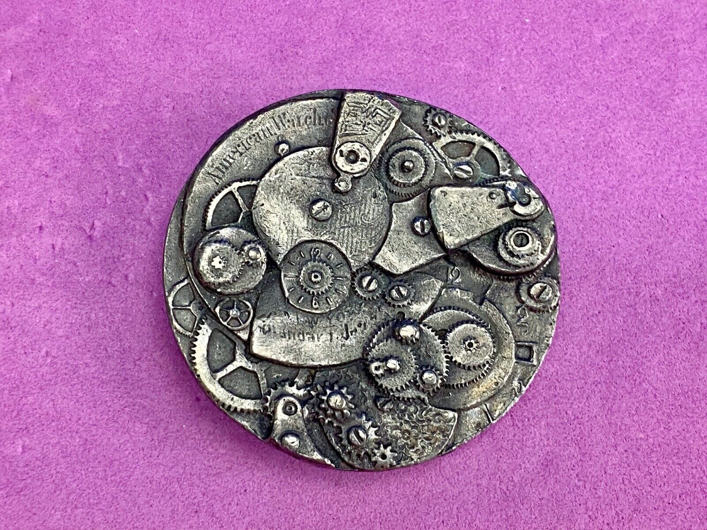 Vintage ART piece Clock gears round belt buckle - AWSOME detail! USA seal back