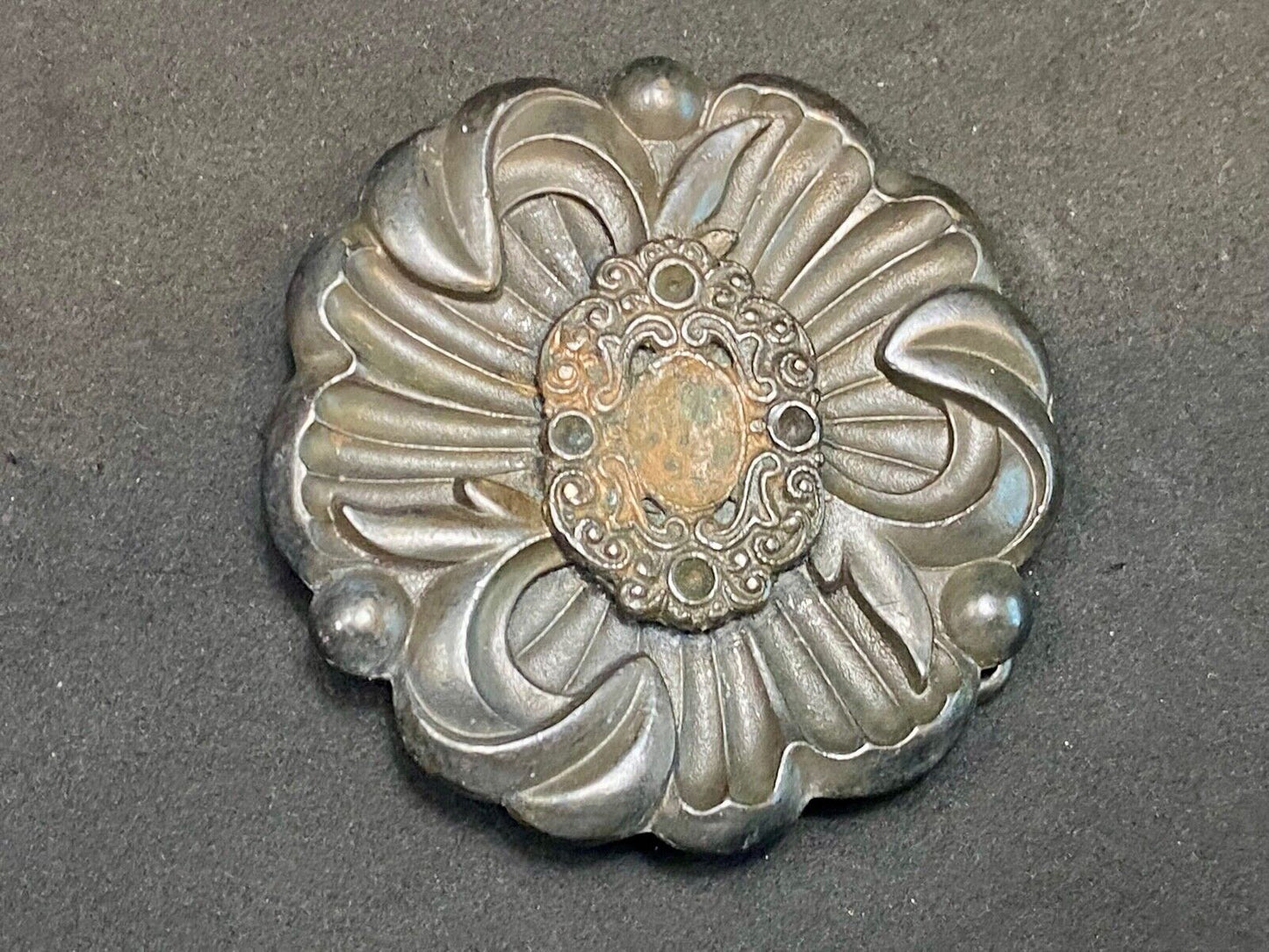 Vintage Antique? Black Flower belt buckle marked BF. - missing stones