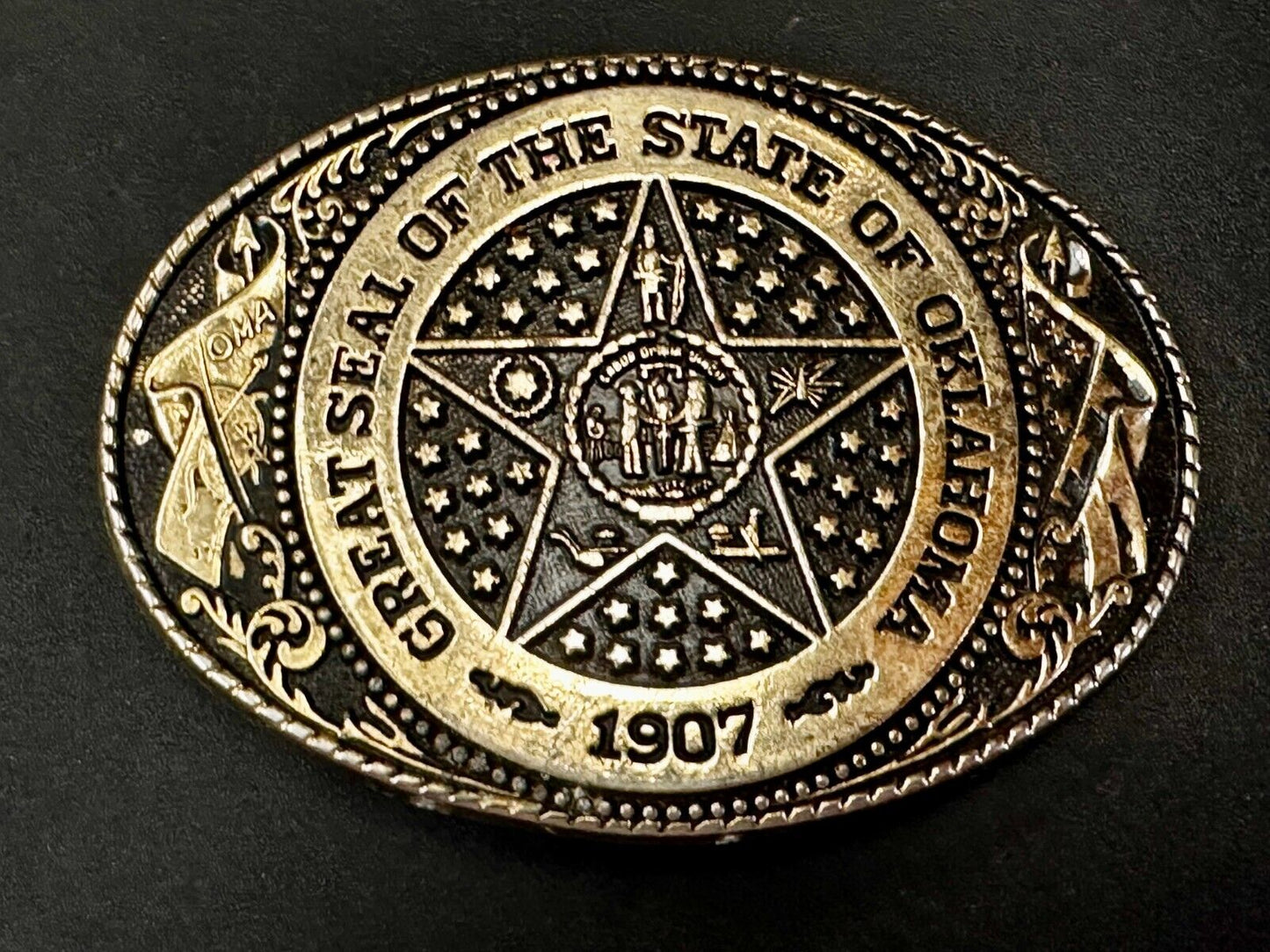The Great Seal of Oklahoma 1907 Commemorative Vintage Belt Buckle