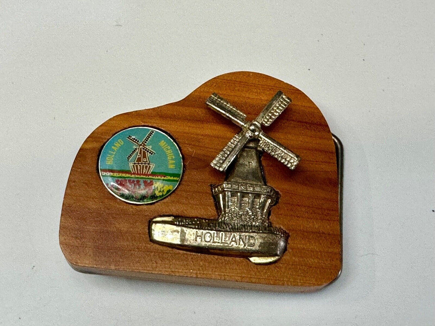 Vintage Artisan Inlaid Holland Michigan Pin and windmill Into wooden Belt Buckle