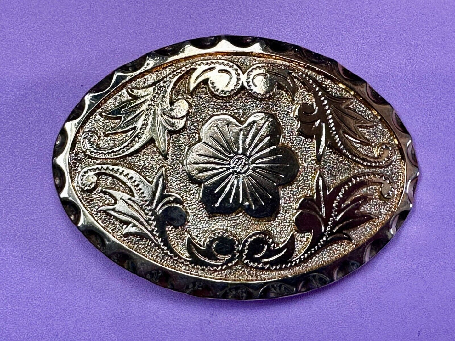 Vintage Etched Flower Floral Theme Western Oval Gold Tone Belt Buckle