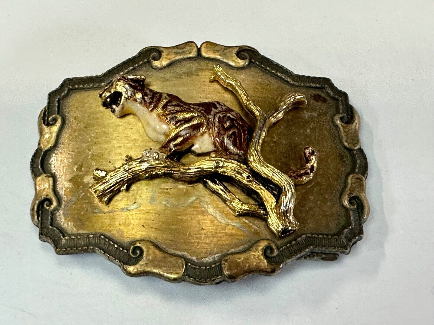 Vintage bobcat? leaping from branch western framed belt buckle by Raintree