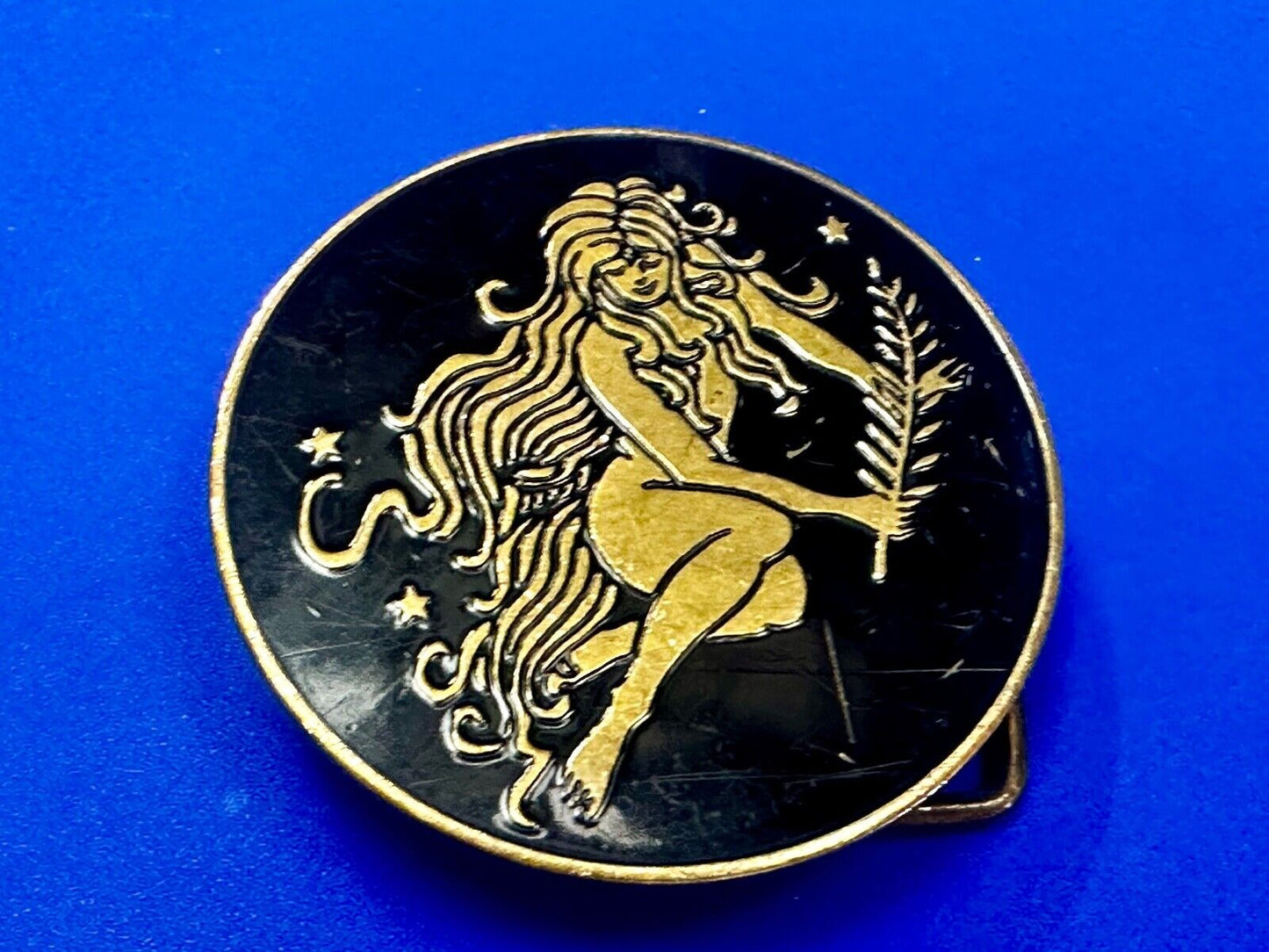 Beautiful Woman Stars Long Hair Hippie Boho Round Solid Brass Baron Belt Buckle