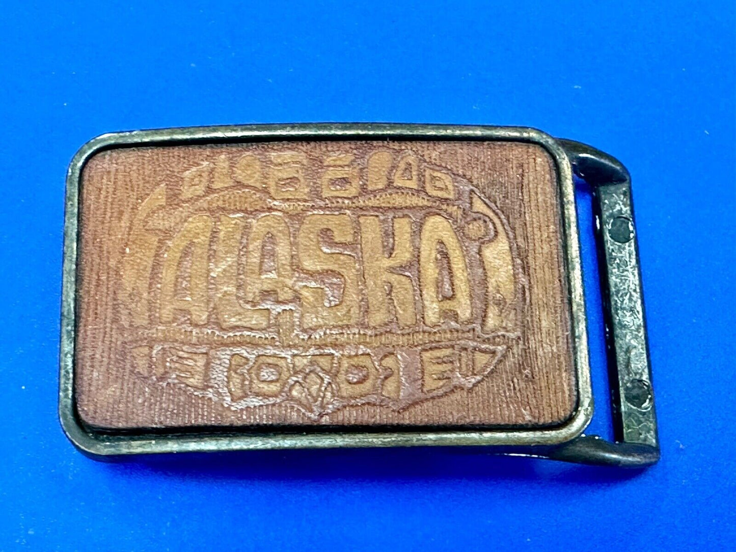 vintage Alaska Rodeo Faux? leather and brass western cowboy belt buckle