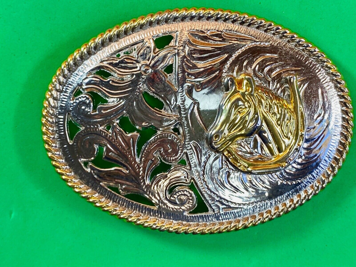 B22 See Through Two Tone Belt Buckle Featuring Horse Bust Head Flower Swirl